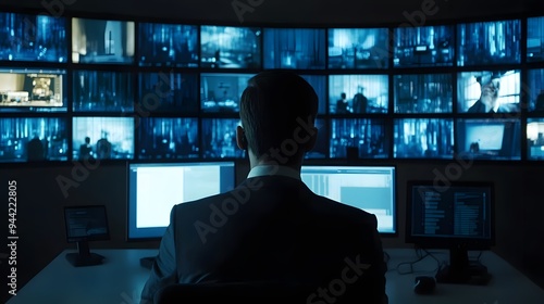 A man in a suit sits in front of a wall of security monitors, watching footage.