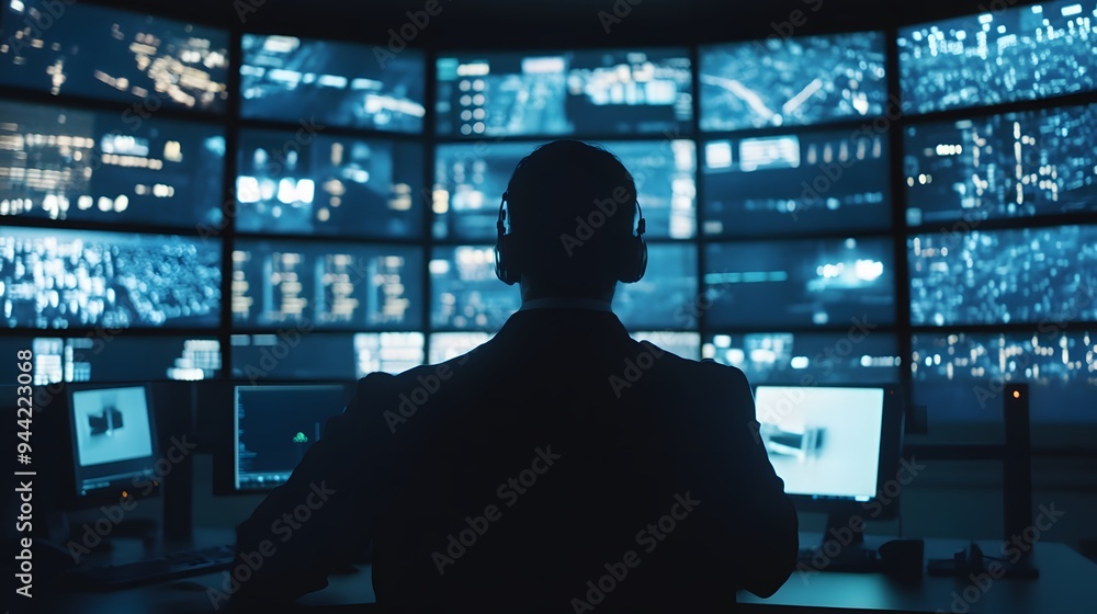 Silhouette of a person in a dark suit sits in front of a wall of computer screens. Silhouette of a person in a dark suit sits in front of a wall of computer screens.