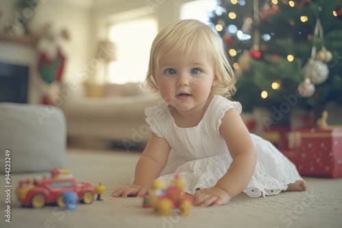 Girl wearing white dress in front of Christmas tree