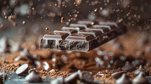 Chocolate Bar Suspended in Air Above Cocoa Powder with Chocolate Chips - Photo