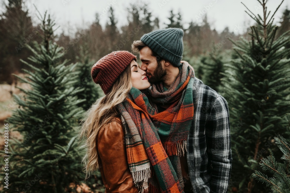 Young couple kissing while buying a Christmas tree from the forest Young couple kissing while buying a Christmas tree from the forest