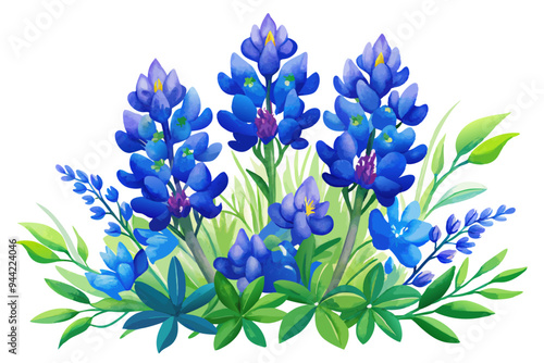 A delicate watercolor illustration showcasing vibrant blue bonnets in their full bloom, portraying nature's beauty and meticulous artistry over a white background
