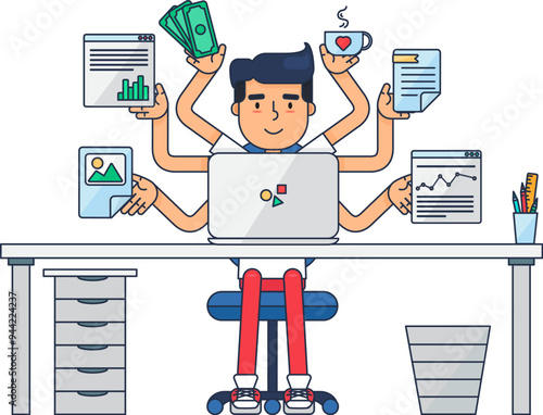 Busy office worker performs several tasks at same time. Workplace of office employee at table. Simple cartoon vector concept illustration isolated on white background