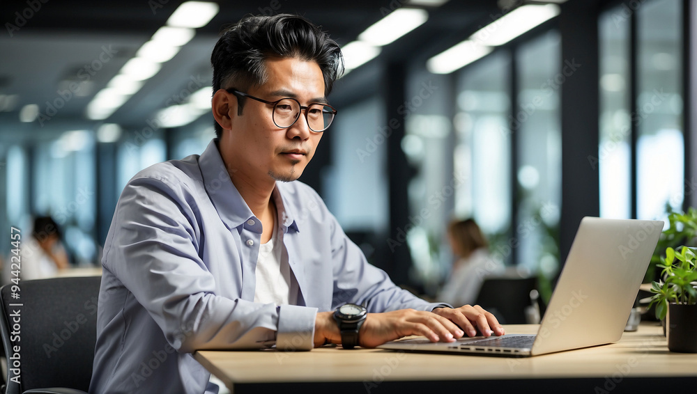 Asian man working on a laptop at the office Asian man working on a laptop at the office