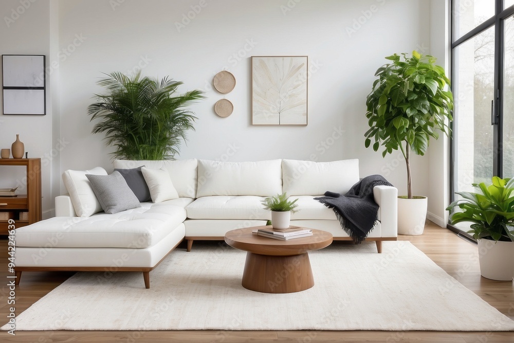 Modern Living Room with White Sectional Sofa, Wooden Coffee Table, and Greenery Modern Living Room with White Sectional Sofa, Wooden Coffee Table, and Greenery