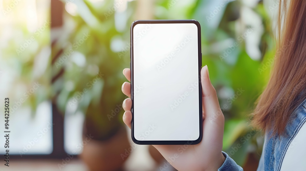 Woman holding a blank screen mobile phone with a white color and space for text, a mockup template of a smartphone in hands being used on an advertising design Woman holding a blank screen mobile phone with a white color and space for text, a mockup template of a smartphone in hands being used on an advertising design