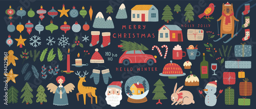 Christmas set of graphic elements, hand drawn style - cute objects, snowmen, Santa Claus and other elements. Vector illustration.