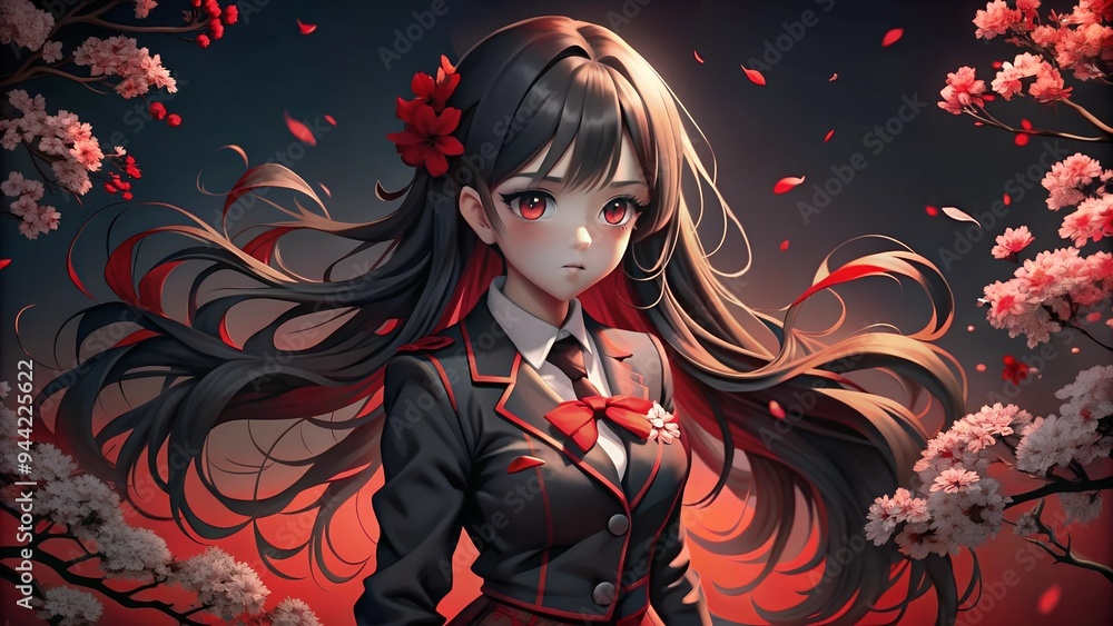 Naklejka premium A cute beautiful girl with long anime-style hair in a school uniform. sakura trees with flowers in red tones in the background