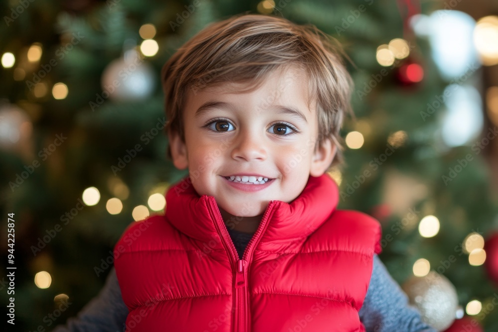 Angry, curly-haired boy facing a Christmas tree with a smile on his face Angry, curly-haired boy facing a Christmas tree with a smile on his face