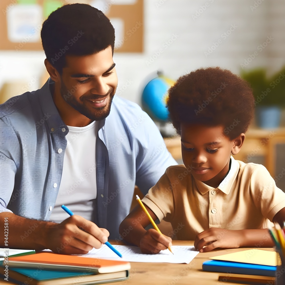 teacher teaches schoolchild sitting at desk area during afternoon study time in a classroom teacher teaches schoolchild sitting at desk area during afternoon study time in a classroom