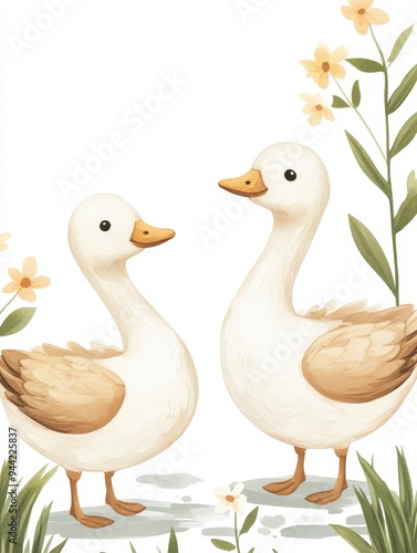 Two Adorable Geese in a Watercolor Illustration