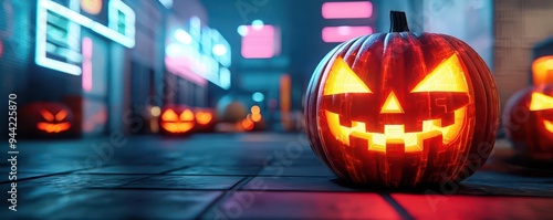 Wallpaper Mural A futuristic pumpkin carving contest in a neon-drenched cyberpunk city square, glowing designs and holographic displays, photorealistic, hyper-resolution, high-energy Halloween fun Torontodigital.ca