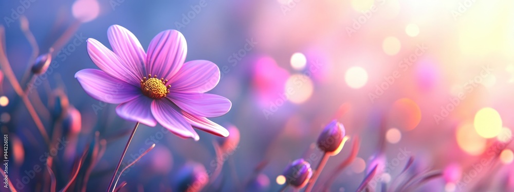Obraz premium Colorful background featuring a 3D cartoon rendering of a purple cosmos flower