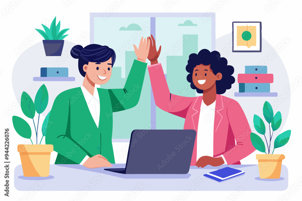 Illustration of two colleagues, one in a green blazer and the other in a pink blazer, giving each other a high-five while working on laptops in an office setting.
Illustration of two colleagues, one in a green blazer and the other in a pink blazer, giving each other a high-five while working on laptops in an office setting.