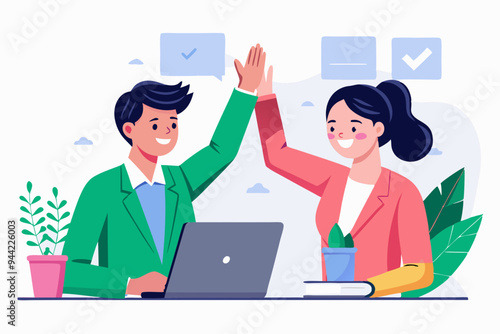 Illustration of two colleagues, one in a green blazer and the other in a pink blazer, giving each other a high-five while working on laptops in an office setting.
