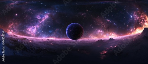 Fototapeta Naklejka Na Ścianę i Meble -  360 degree space background with nebula and stars featuring a 3D cartoon rendering equirectangular projection and environment map in HDRI spherical panorama 3D illustration