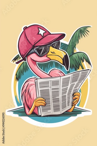 A vector design for a t-shirt print featuring a flamingo reading a newspaper. A vector flamingo reading a newspaper with clean lines in a modern and striking look photo