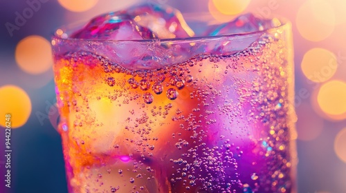 Close-up of a Glass of Fizzy Drink with Ice and Bokeh Lights