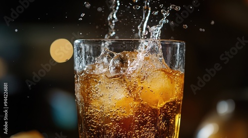 Close-up of a Glass of Fizzy Brown Drink with Ice