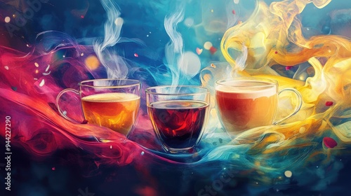 Three Glass Cups Filled with Different Beverages Surrounded by Abstract Colorful Swirls