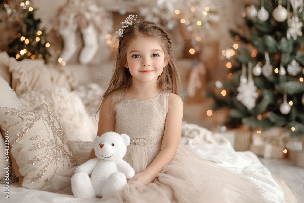 During Christmas, cute little girl plays with teddy bear in her room During Christmas, cute little girl plays with teddy bear in her room