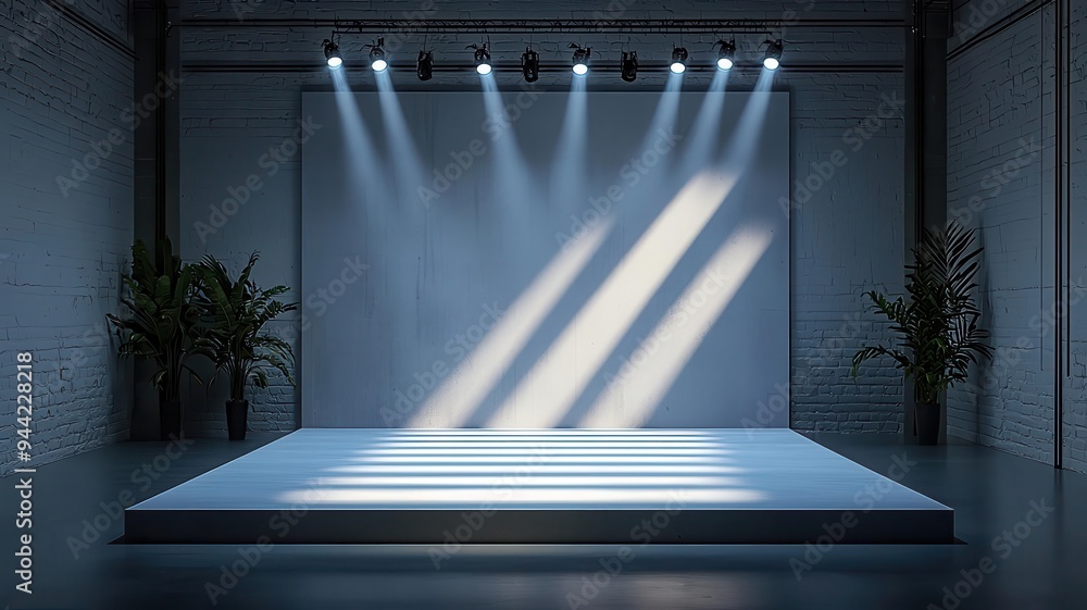 Obraz premium An industrial-style stage with cold blue and white lights casting sharp shadows on a concrete backdrop, photorealistic, hyper-resolution, edgy and modern visual effect