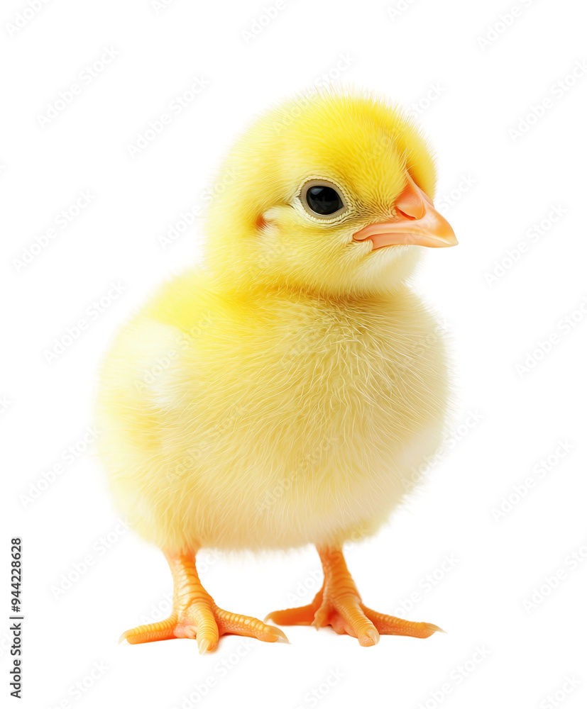 Fototapeta premium A fluffy yellow chick stands on its tiny legs, displaying bright eyes and a gentle nature, perfect for various design projects. Transparent background PNG
