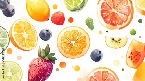 Watercolor Painting of Sliced Fruits and Berries on White Background