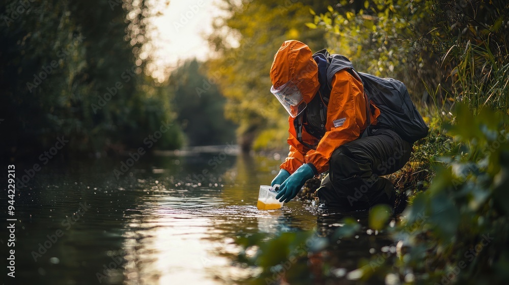Environmental Scientist Testing Water Samples River Protective Gear Collecting Levels Toxic Waste Acidity Harmful Chemicals Environmental Scientist Testing Water Samples River Protective Gear Collecting Levels Toxic Waste Acidity Harmful Chemicals