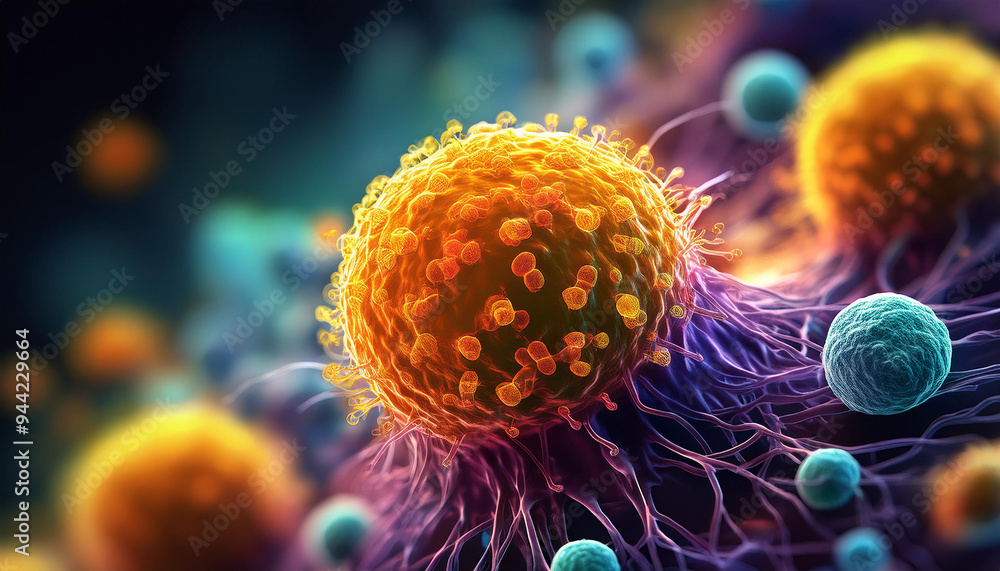 Visualization of cancer cells dividing rapidly, healthy and malignant cells. Microscopic view. Visualization of cancer cells dividing rapidly, healthy and malignant cells. Microscopic view.