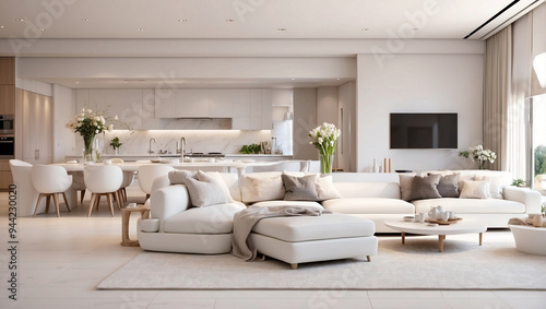 Luxurious interior design living room and white kitchen