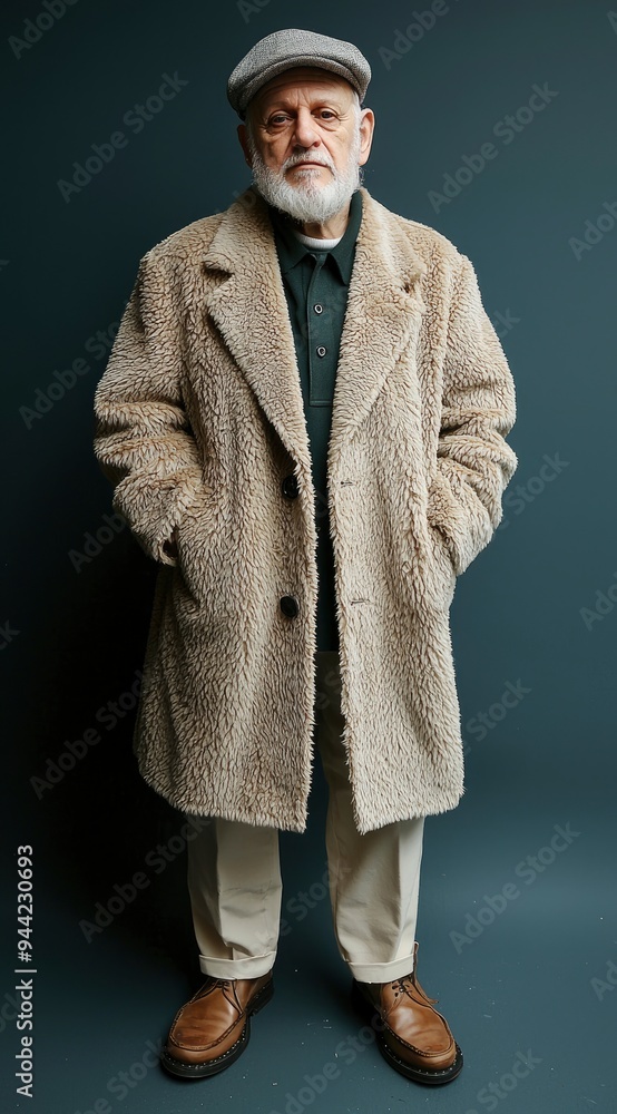 Senior Man Wearing a Beige Sherpa Coat and a Brown Cap Senior Man Wearing a Beige Sherpa Coat and a Brown Cap