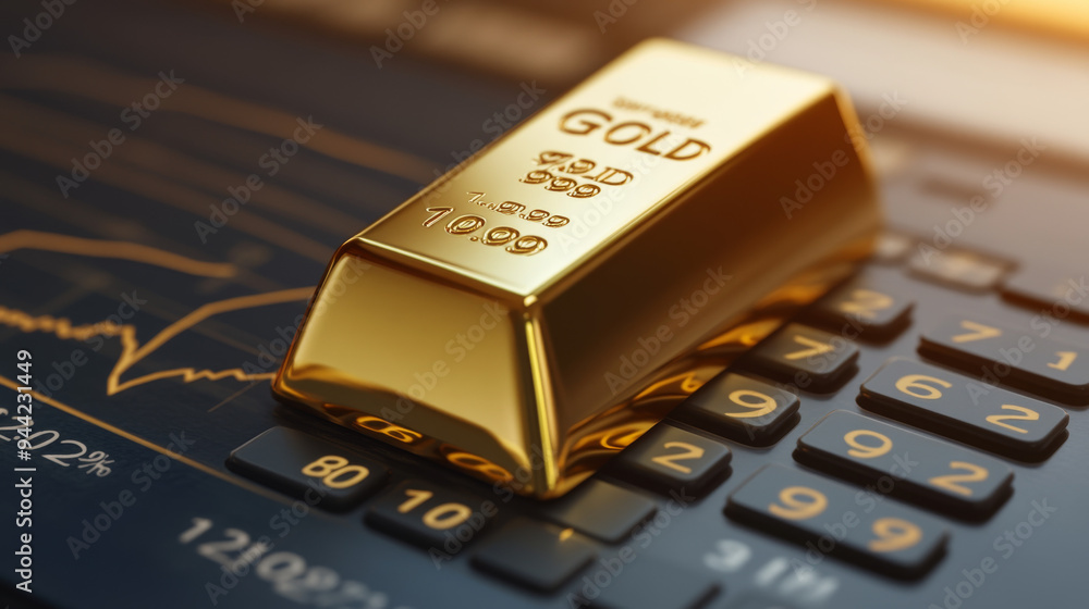 Gold bar on a calculator with a trading graph represents gold price calculation. Gold, a tangible hard asset, serves as a safe haven during wars, economic crises, and as a former gold reserve. Gold bar on a calculator with a trading graph represents gold price calculation. Gold, a tangible hard asset, serves as a safe haven during wars, economic crises, and as a former gold reserve.
