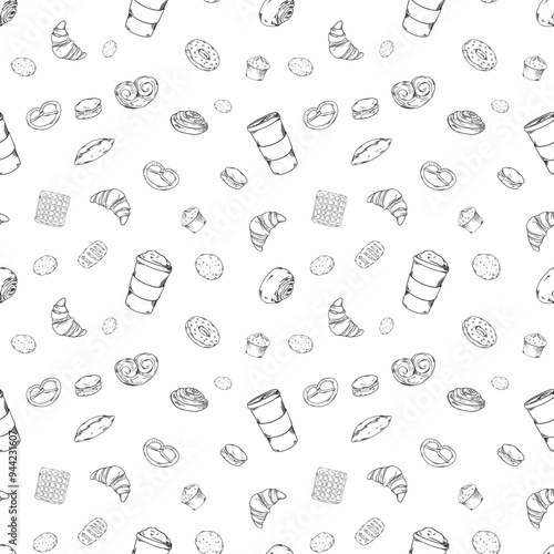 Bakery hadpainted illustrations set seamless pattern doodle coffee, buns, cappuccino, cup, croissant, cup, breakfast bakery pastry deign. food pattern, bertzel, macaroon, Cinnabon, poppy seed