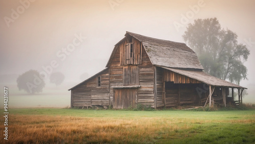 Old rustic wooden barn in a foggy countryside setting