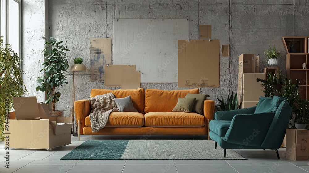 Fototapeta premium Home decor and furniture sale with promotional discounts. Features sofas, armchairs, and banners with a cardboard box backdrop in a 3D render. 