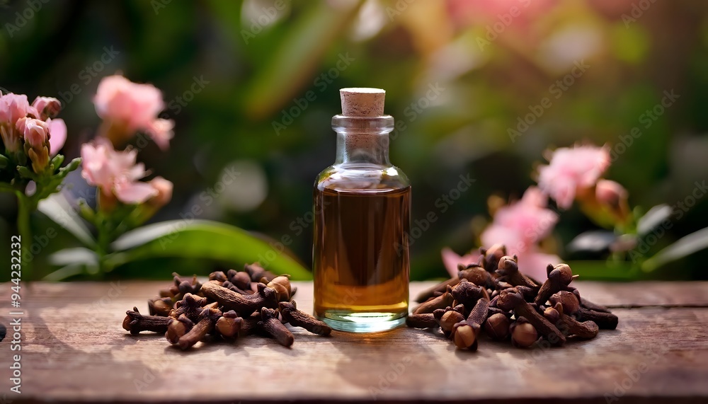 clove essential oil in a glass bottle placed on a wooden surface clove essential oil in a glass bottle placed on a wooden surface