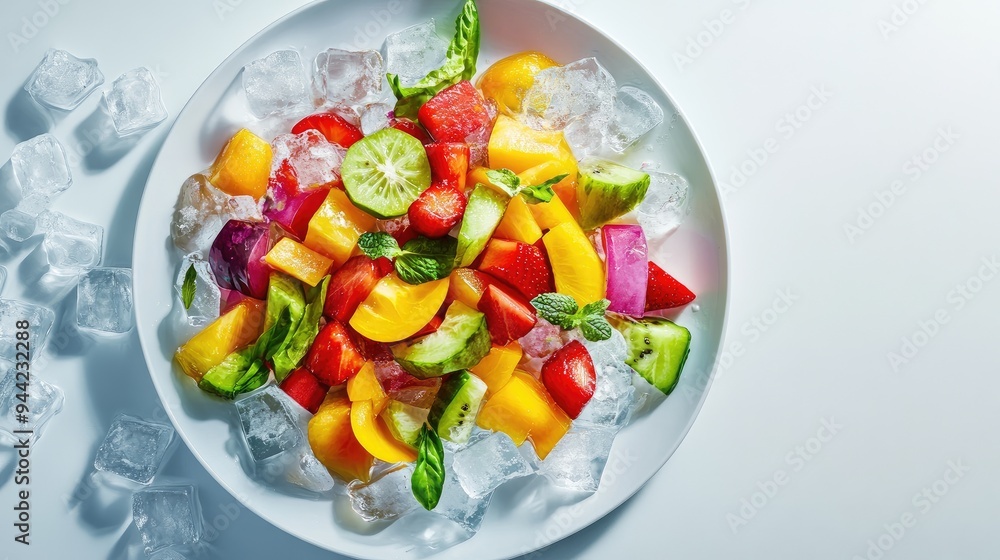 Detailed 3D image of a colorful fruit and vegetable salad on a plate, placed on ice cubes, highlighting the crisp ingredients against a minimalist white background, no people. Detailed 3D image of a colorful fruit and vegetable salad on a plate, placed on ice cubes, highlighting the crisp ingredients against a minimalist white background, no people.
