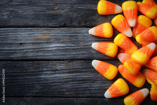 Bunch of candy corn on a dark wooden table with copy space, Halloween background.