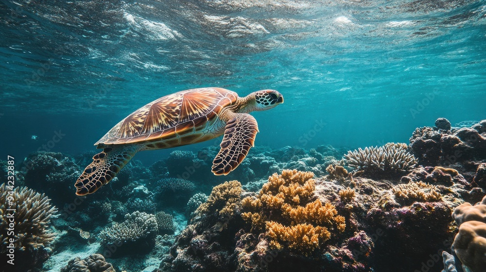 Fototapeta premium Sea Turtle Swimming Through Vibrant Coral Reef