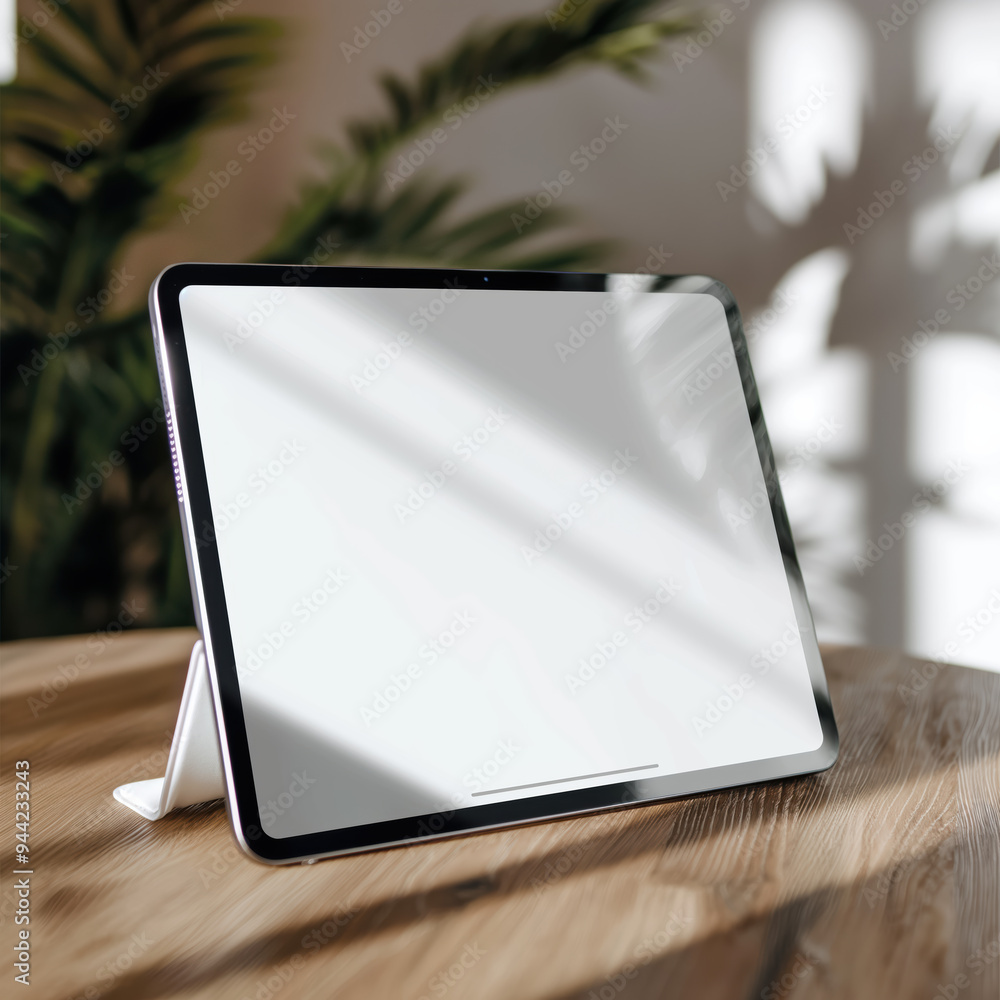 A tablet is sitting on a wooden table with a plant in the background A tablet is sitting on a wooden table with a plant in the background