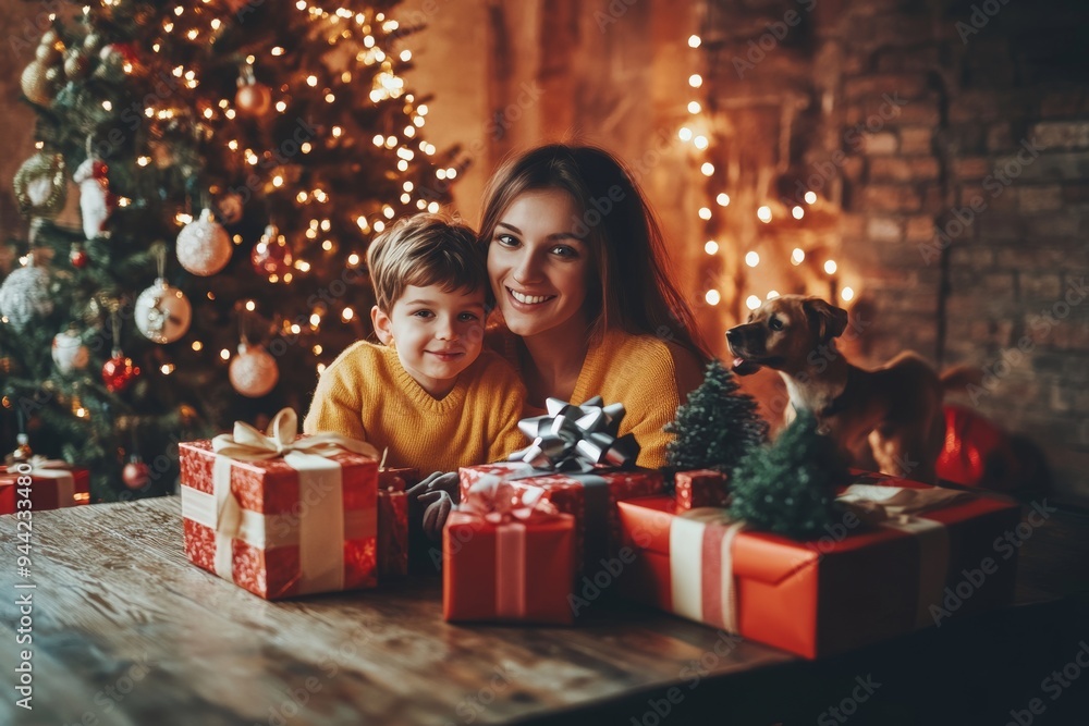 Home with mother and son and dog standing around wrapped gifts Home with mother and son and dog standing around wrapped gifts