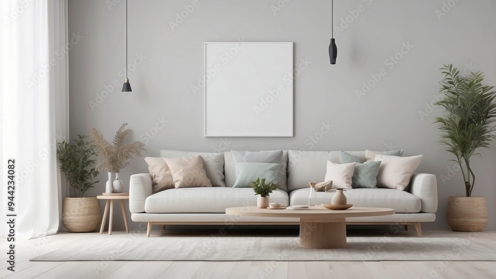 Fototapeta premium Minimalist Living Room Interior Design with White Sofa and Large Empty Frame