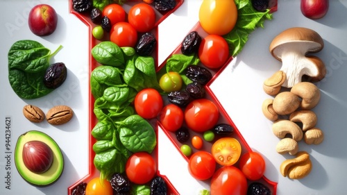 Vitamin K in nutrition concept. Letter K with fresh salad, tomatoes, soybeans, spinach, meat, radishes, dried apricots, cashews, peas, prunes, avocado, eggs, banana, potatoes, mushrooms