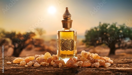  frankincense essential oil in an ornate glass bottle