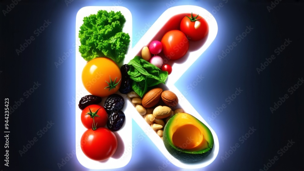 Vitamin K in nutrition concept. Letter K with fresh salad, tomatoes, soybeans, spinach, meat, radishes, dried apricots, cashews, peas, prunes, avocado, eggs, banana, potatoes, mushrooms Vitamin K in nutrition concept. Letter K with fresh salad, tomatoes, soybeans, spinach, meat, radishes, dried apricots, cashews, peas, prunes, avocado, eggs, banana, potatoes, mushrooms