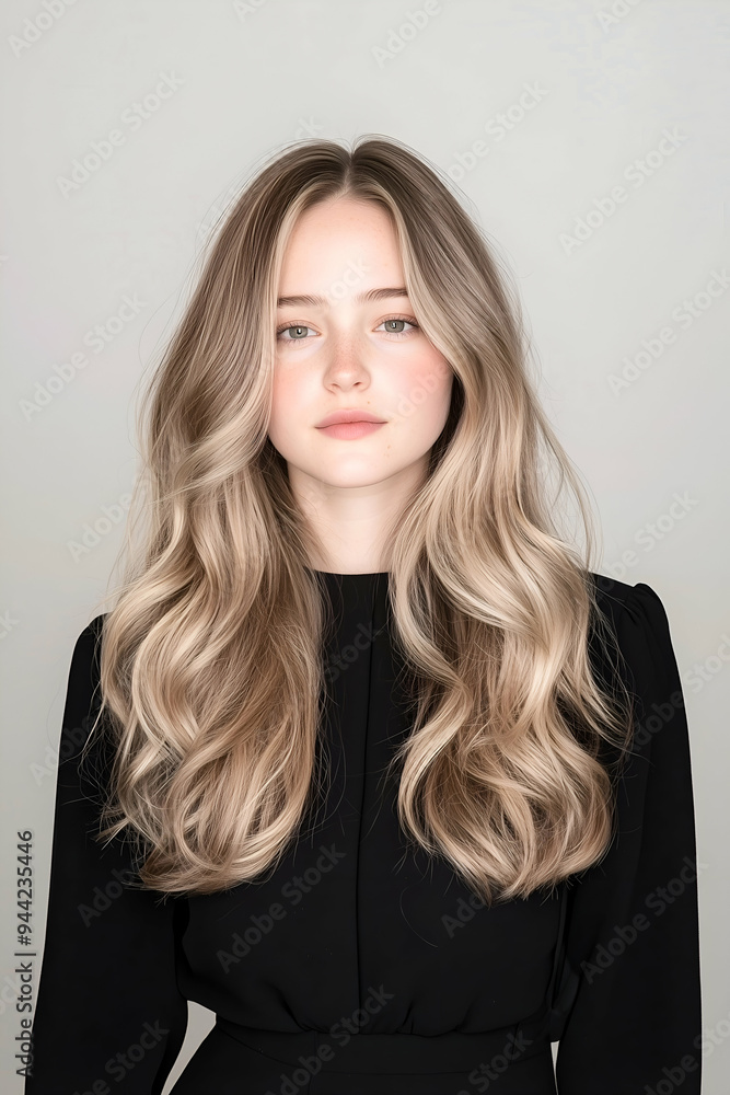 Portrait of a Young Woman with Long Flowing Hair and a Subtle Smile Portrait of a Young Woman with Long Flowing Hair and a Subtle Smile