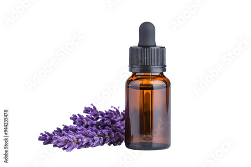 Aromatic lavender essential oil in a brown glass bottle with lavender flowers, perfect for wellness and relaxation isolate on transparency background