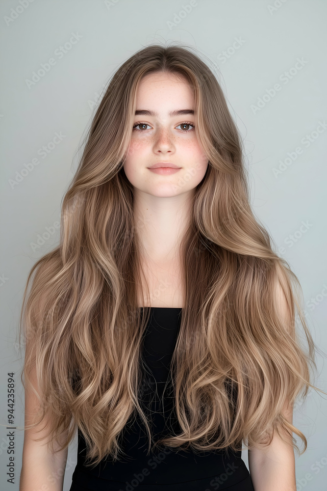 Portrait of a Young Woman with Long Flowing Hair and a Subtle Smile Portrait of a Young Woman with Long Flowing Hair and a Subtle Smile