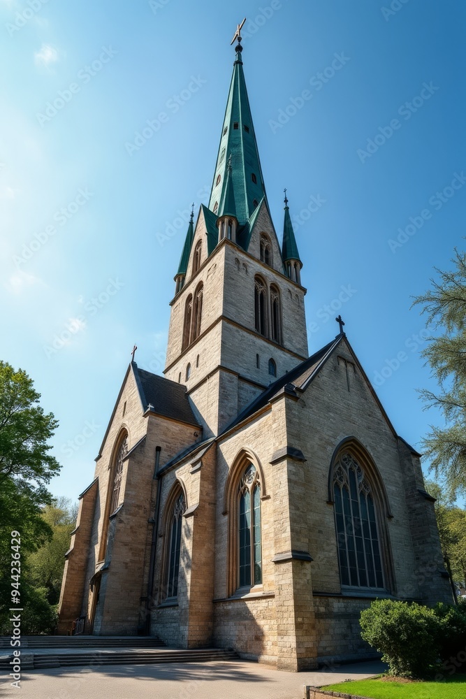 Historisches Kirchengebäude mit spitzen Turm im Sonnenlicht
Historisches Kirchengebäude mit spitzen Turm im Sonnenlicht